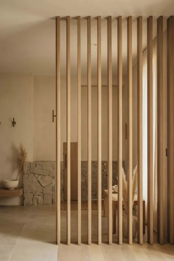Wood Slat Room Divider for Entryway | Modern Privacy Screen Ideas | Front Door Space Separation
