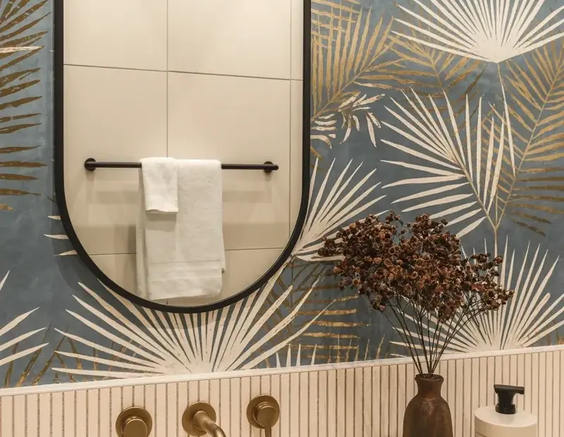 Bathroom wallpaper mistake to avoid: balancing bold botanical prints with simple elements