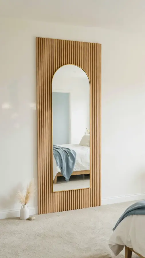 Modern Fluted Door Entryway Decor | Arched Mirror & Concealed Hardware Ideas
