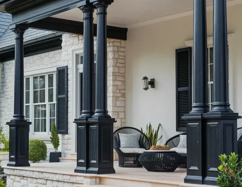 Modern luxury entryway with black columns and stone steps - front porch design inspiration