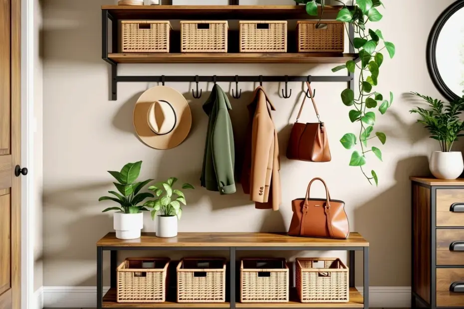 Modern Entryway Organization with Woven Baskets and a Black Coat Rack | Mudroom Storage Ideas