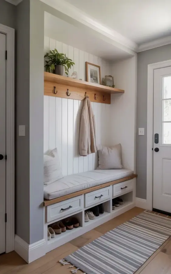 Budget Built-In Bench Entryway Ideas - Modern Farmhouse Style