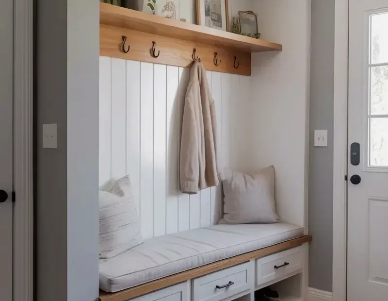 Budget Built-In Bench Entryway Ideas - Modern Farmhouse Style