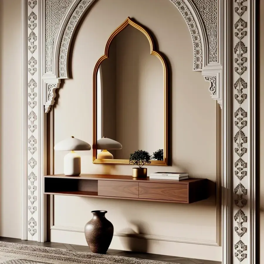 Arched Mirror Entryway Decor: How to Style a Walnut Console Table