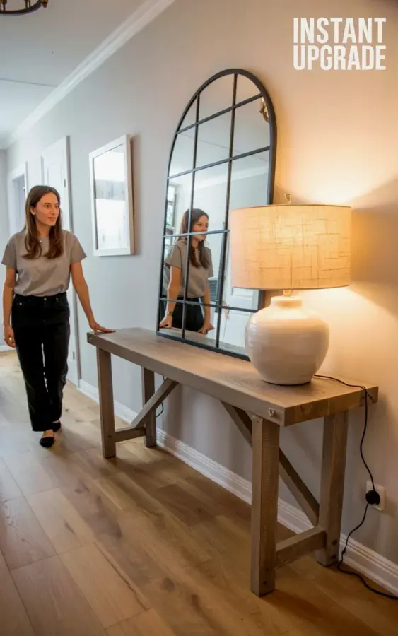 Small Entryway Makeover Ideas with an Arched Mirror and Rustic Console