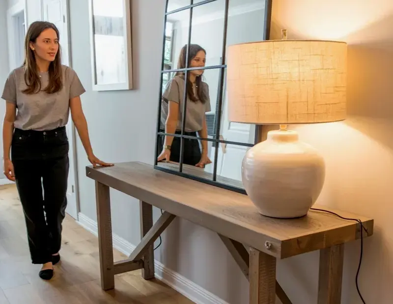 Small Entryway Makeover Ideas with an Arched Mirror and Rustic Console